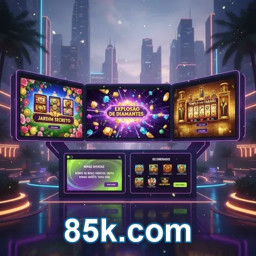 App 85k.com com promoções e regras em glassmorphism